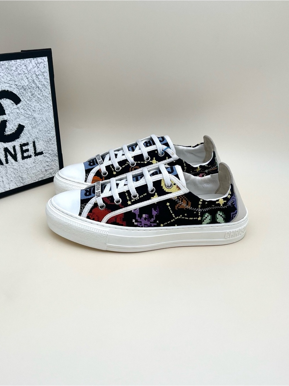 CHANEL Black Multicolor Embroidered Canvas Low-Top Sneakers